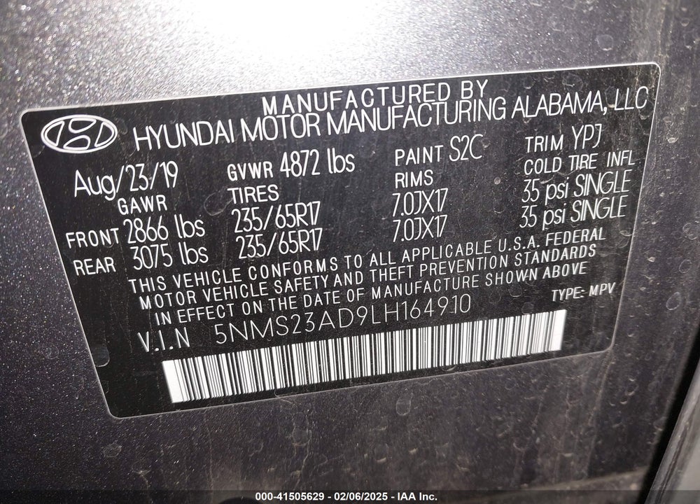 2020 HYUNDAI SANTA FE SE VIN: 5NMS23AD9LH164910