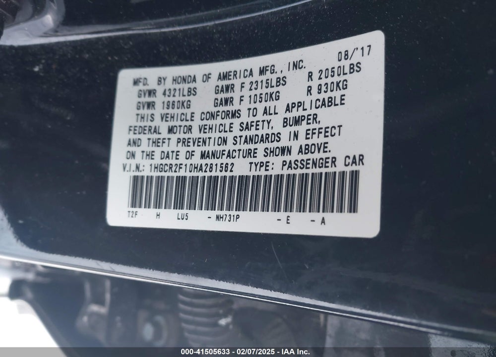 2017 HONDA ACCORD VIN: 1HGCR2F10HA281562
