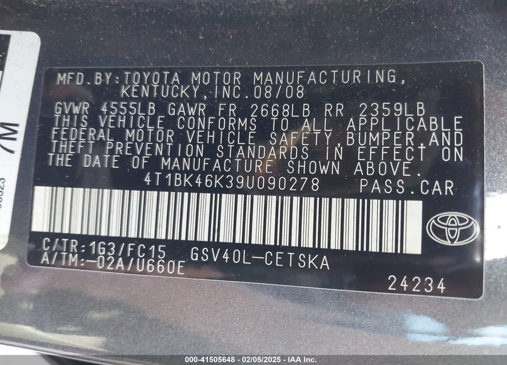 2009 TOYOTA CAMRY VIN: 4T1BK46K39U090278