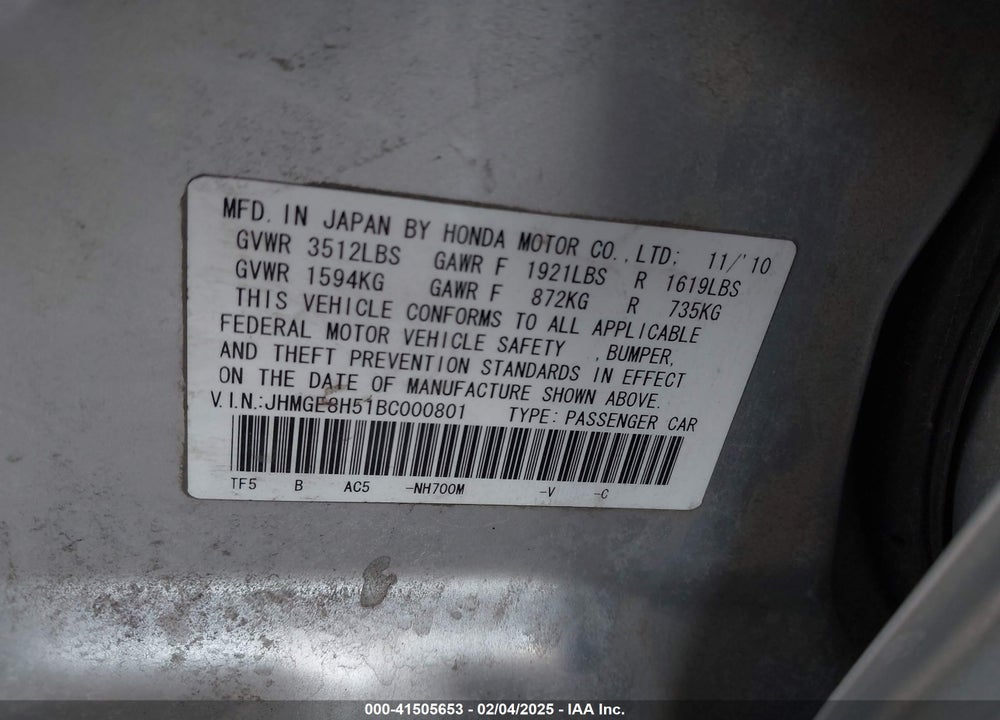 2011 HONDA FIT SPORT VIN: JHMGE8H51BC000801