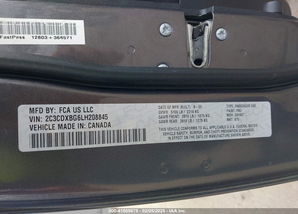 2020 DODGE CHARGER VIN: 2C3CDXBG6LH208845