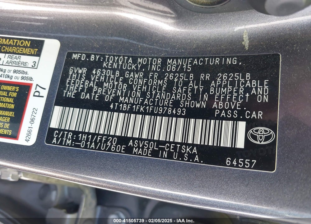 2015 TOYOTA CAMRY SE VIN: 4T1BF1FK1FU978493