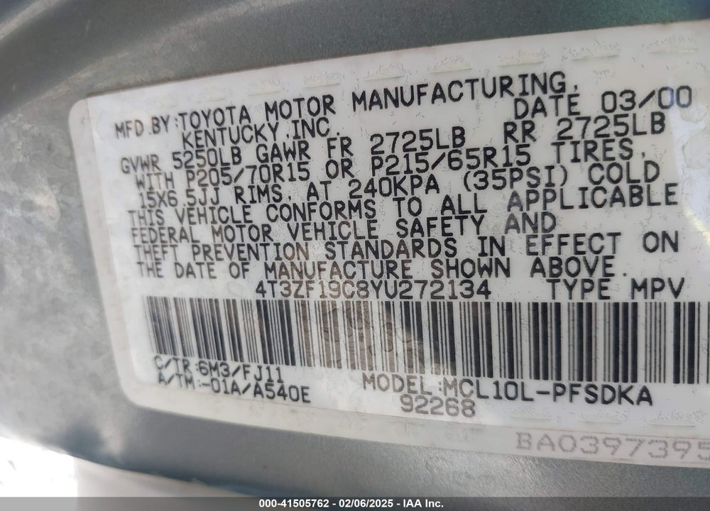 2000 TOYOTA SIENNA CE VIN: 4T3ZF19C8YU272134