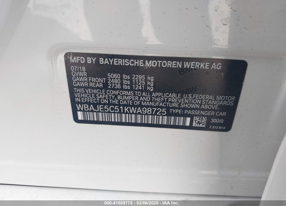 2019 BMW 540I VIN: WBAJE5C51KWA98725
