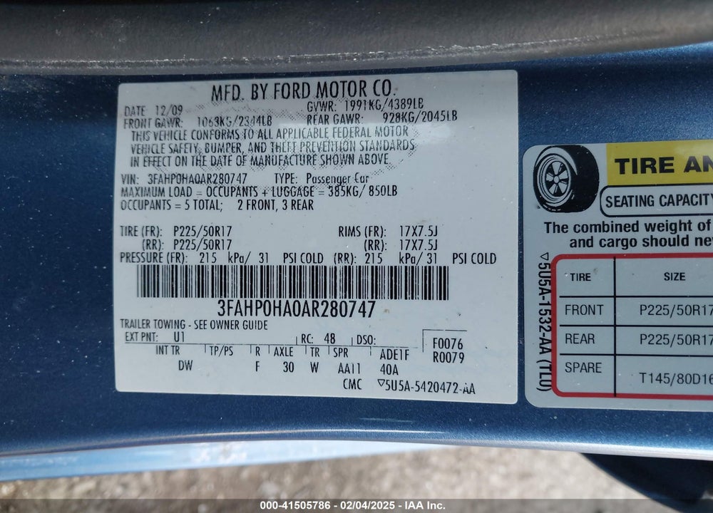 2010 FORD FUSION VIN: 3FAHP0HA0AR280747