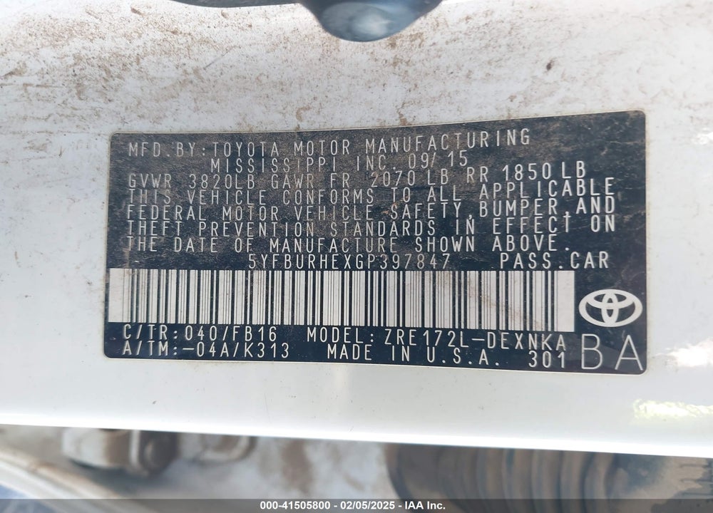 2016 TOYOTA COROLLA VIN: 5YFBURHEXGP397847