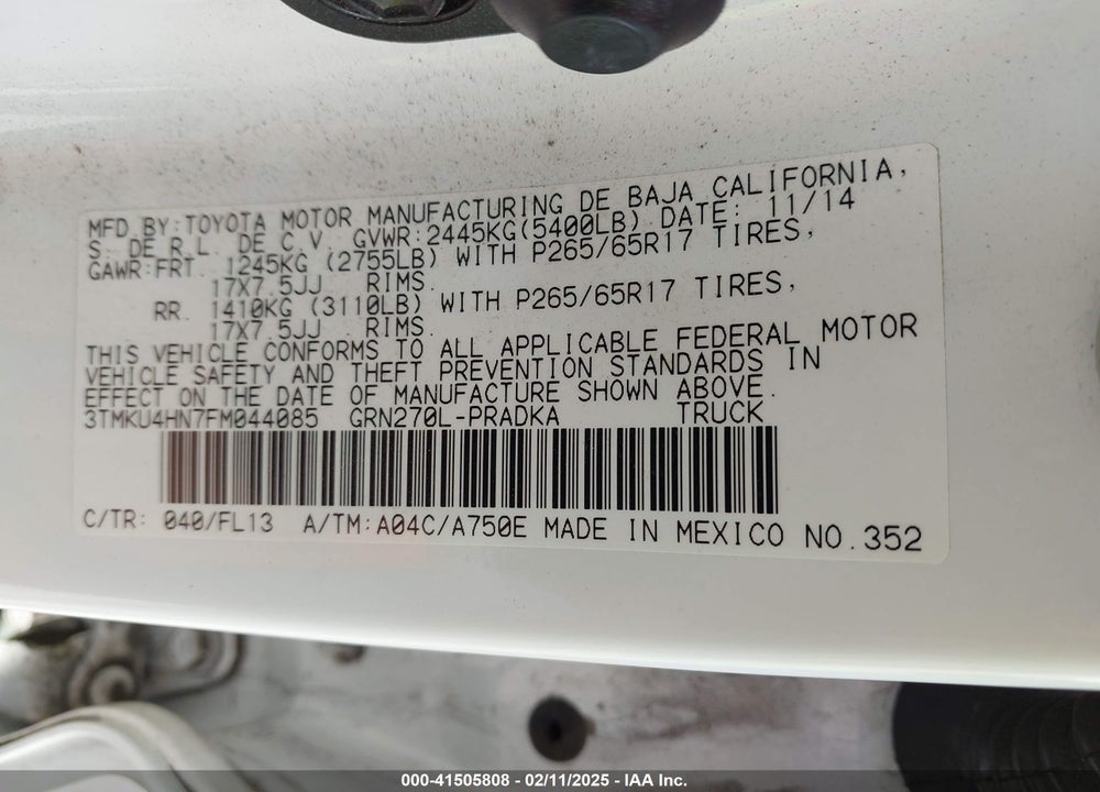 2015 TOYOTA TACOMA DBL CAB PRERUNNER LNG BED VIN: 3TMKU4HN7FM044085