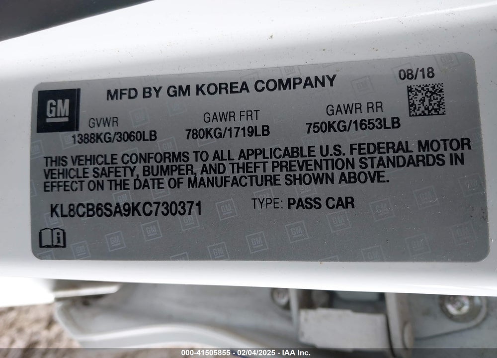 2019 CHEVROLET SPARK LS CVT VIN: KL8CB6SA9KC730371