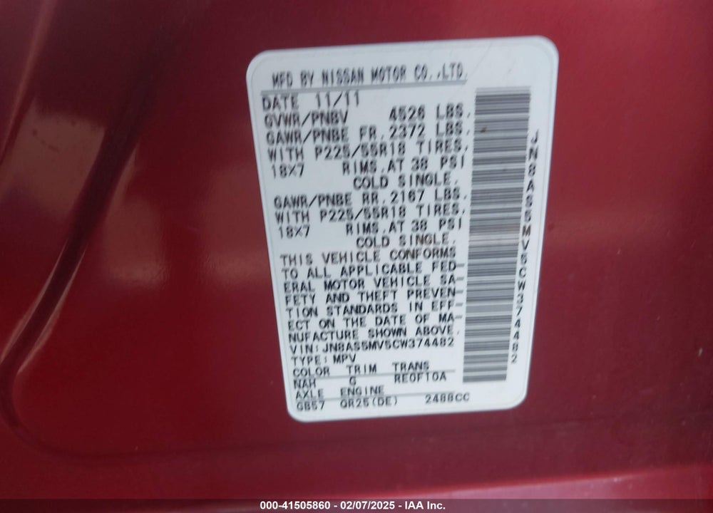 2012 NISSAN ROGUE SV W/SL PKG VIN: JN8AS5MV5CW374482