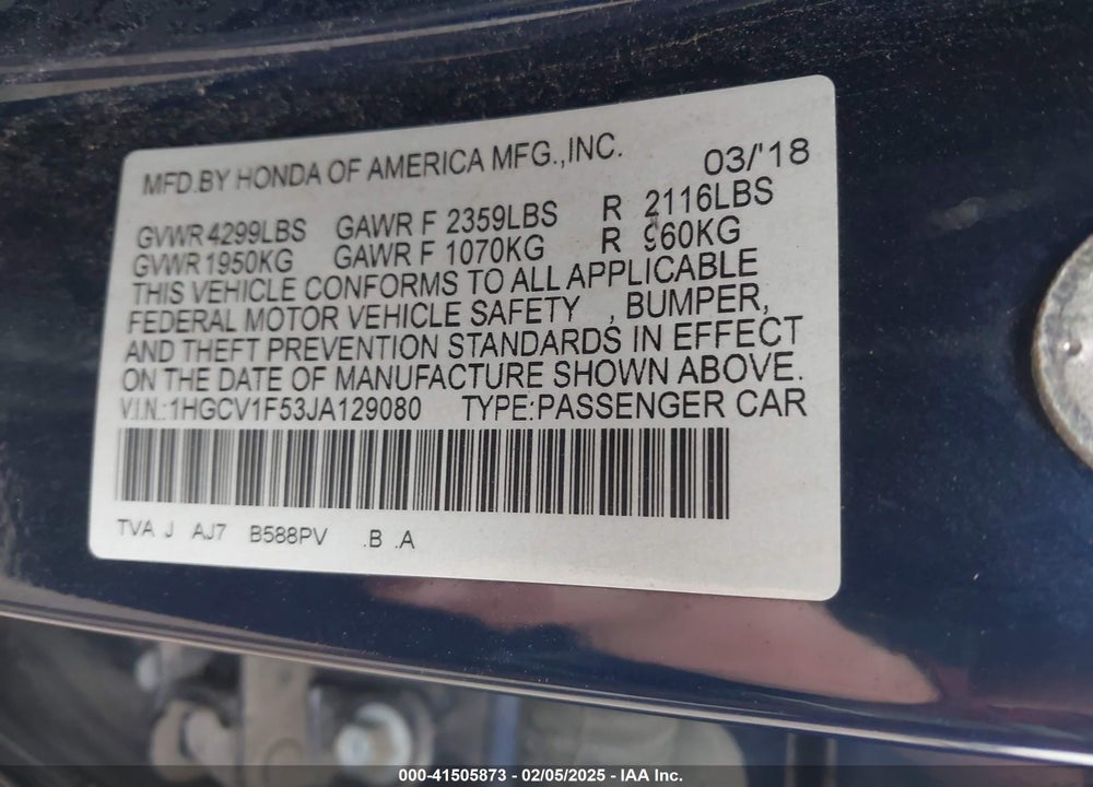 2018 HONDA ACCORD EX-L VIN: 1HGCV1F53JA129080