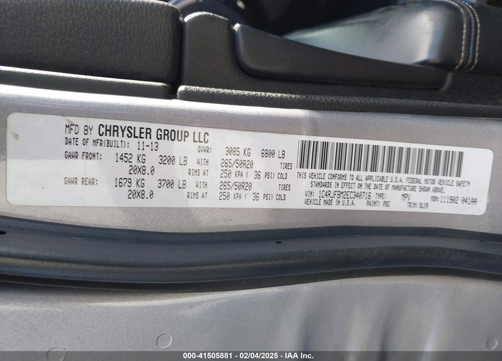 2014 JEEP GRAND CHEROKEE LIMITED VIN: 1C4RJFBM2EC340716