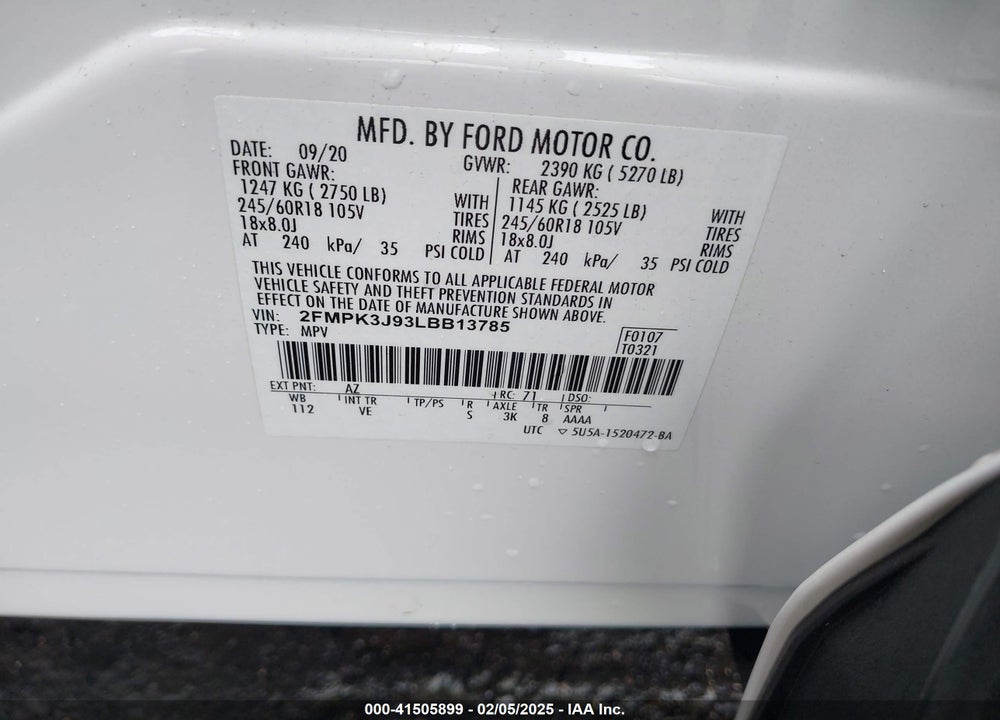 2020 FORD EDGE SEL VIN: 2FMPK3J93LBB13785