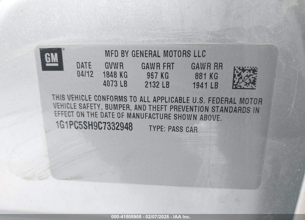 2012 CHEVROLET CRUZE LS VIN: 1G1PC5SH9C7332948