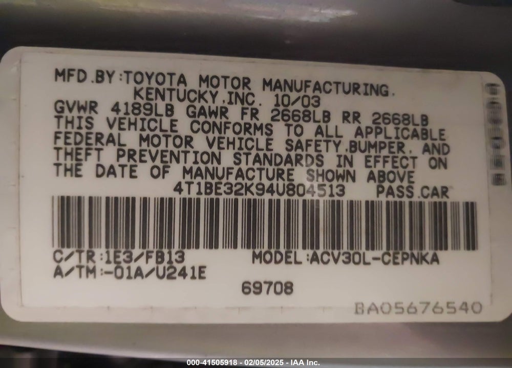 2004 TOYOTA CAMRY LE VIN: 4T1BE32K94U804513