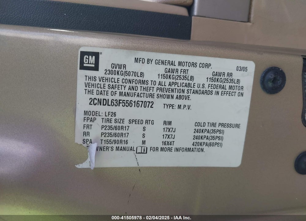 2005 CHEVROLET EQUINOX LT VIN: 2CNDL63F556167072