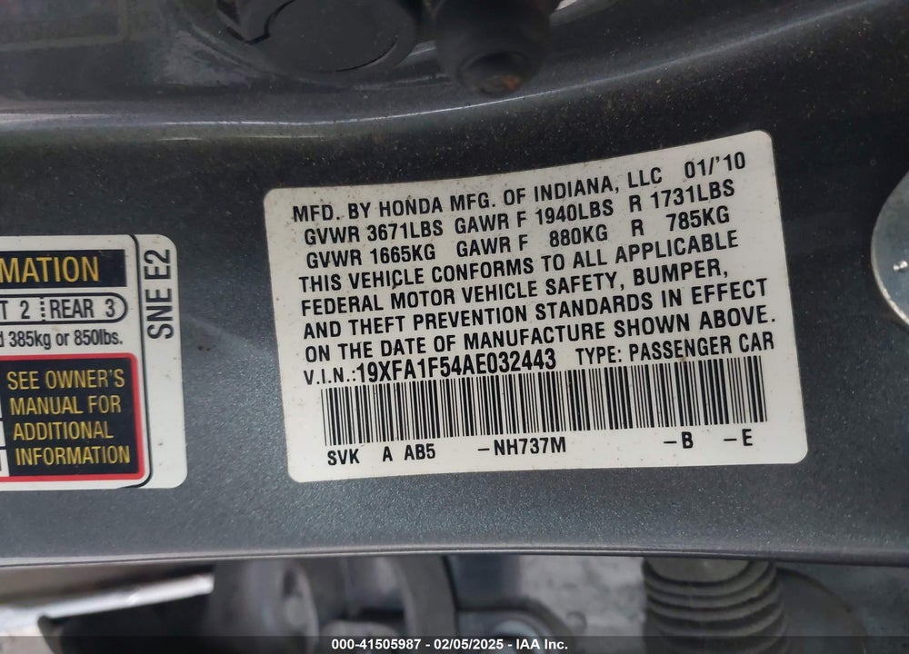 2010 HONDA CIVIC LX VIN: 19XFA1F54AE032443