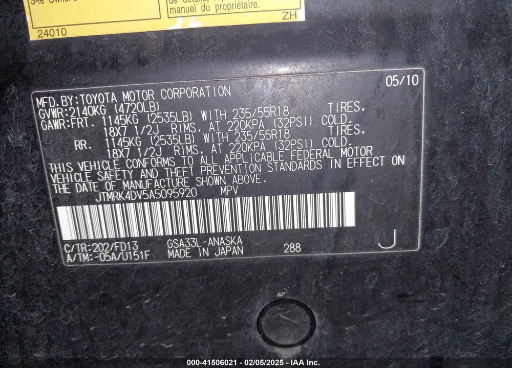 2010 TOYOTA RAV4 SPORT VIN: JTMRK4DV5A5095920
