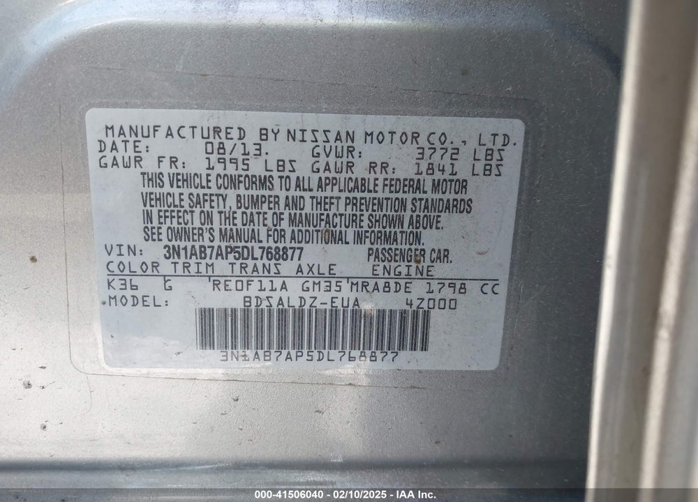 2013 NISSAN SENTRA VIN: 3N1AB7AP5DL768877