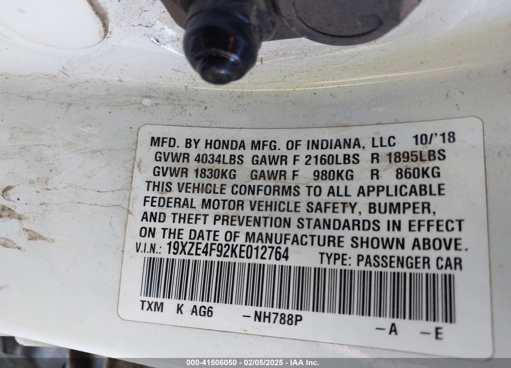 2019 HONDA INSIGHT VIN: 19XZE4F92KE012764