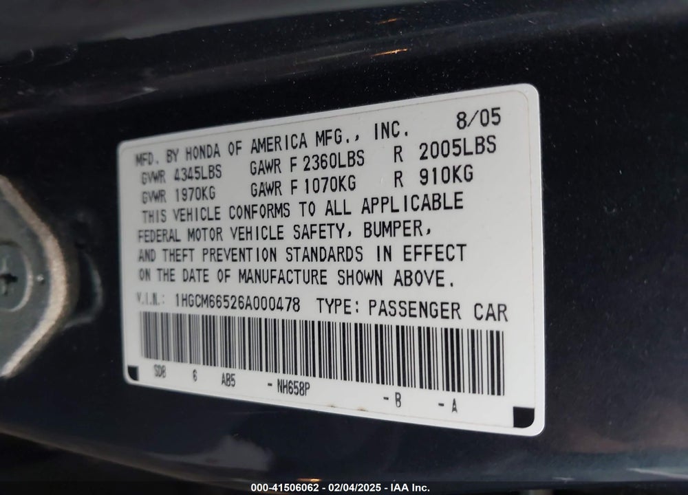 2006 HONDA ACCORD VIN: 1HGCM66526A000478