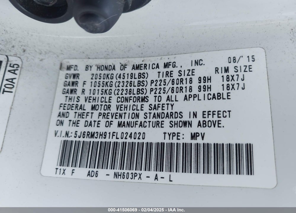 2015 HONDA CR-V TOURING VIN: 5J6RM3H91FL024020