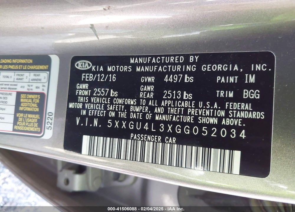 2016 KIA OPTIMA VIN: 5XXGU4L3XGG052034