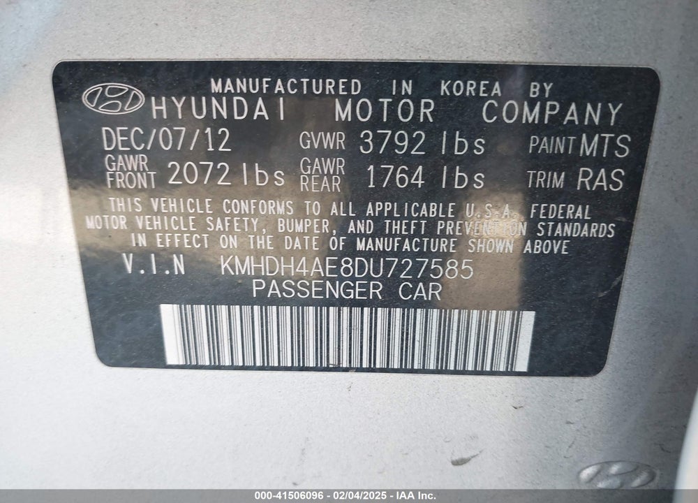 2013 HYUNDAI ELANTRA VIN: KMHDH4AE8DU727585