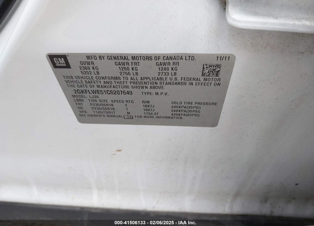 2012 GMC TERRAIN VIN: 2GKFLWE51C6207649