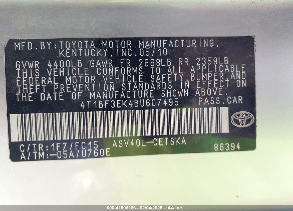 2011 TOYOTA CAMRY SE VIN: 4T1BF3EK4BU607495