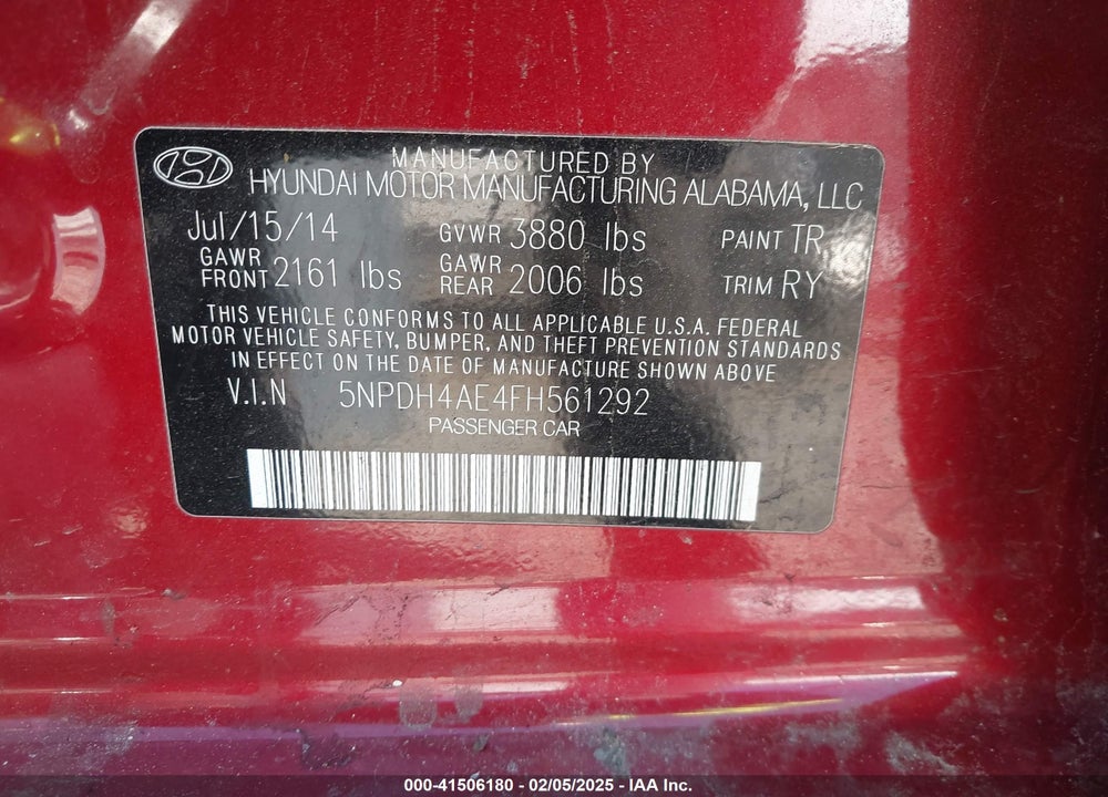 2015 HYUNDAI ELANTRA VIN: 5NPDH4AE4FH561292