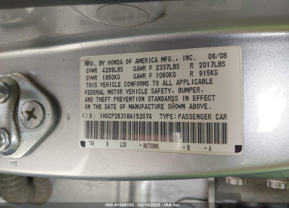 2008 HONDA ACCORD 2.4 LX VIN: 1HGCP26318A152074