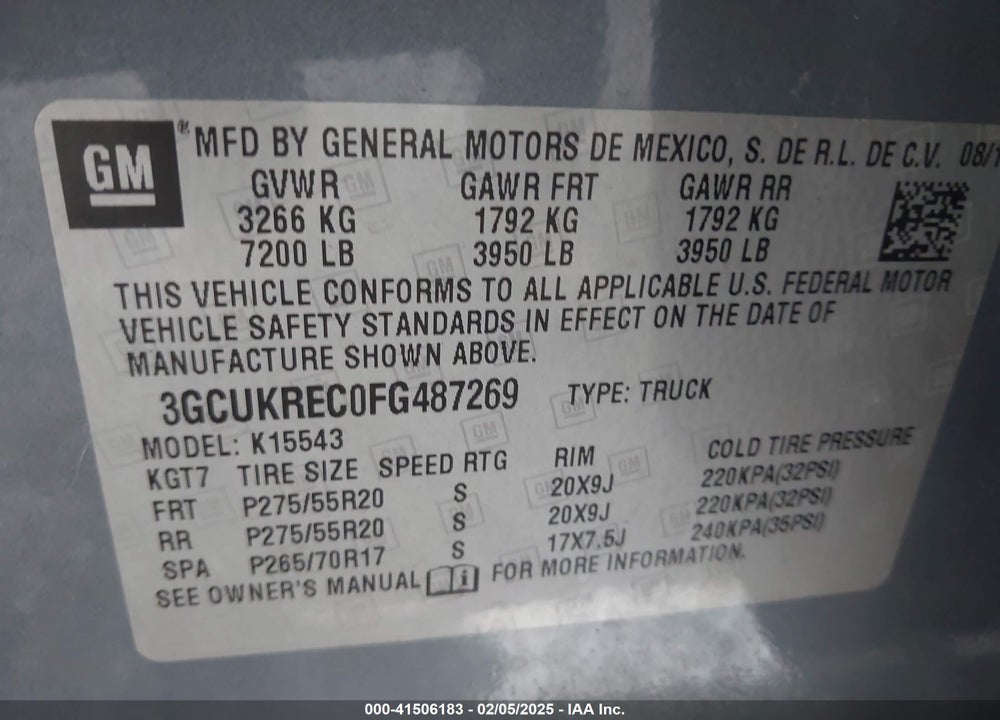 2015 CHEVROLET SILVERADO 1500 VIN: 3GCUKREC0FG487269