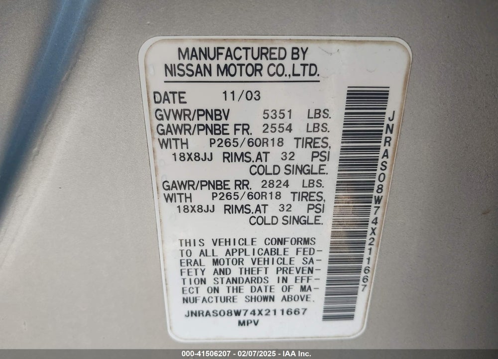 2004 INFINITI FX35 VIN: JNRAS08W74X211667