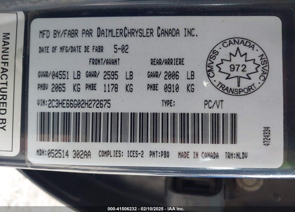 2002 CHRYSLER 300M VIN: 2C3HE66G02H272675