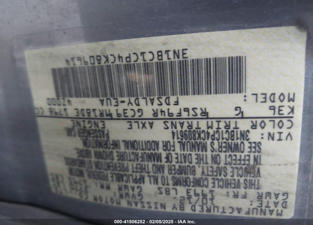 2012 NISSAN VERSA VIN: 3N1BC1CP4CK809614