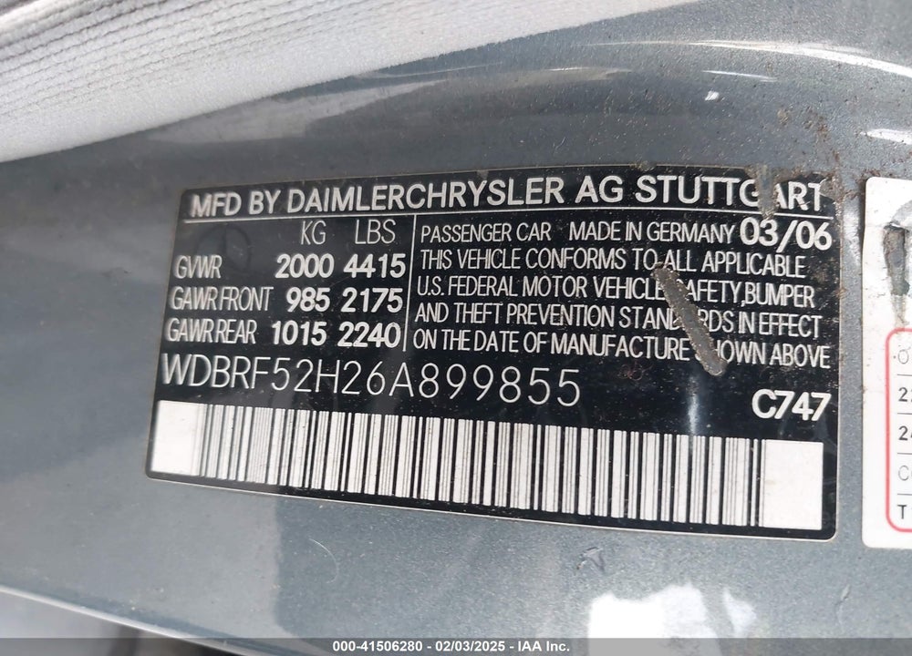 2006 MERCEDES-BENZ C 230 VIN: WDBRF52H26A899855