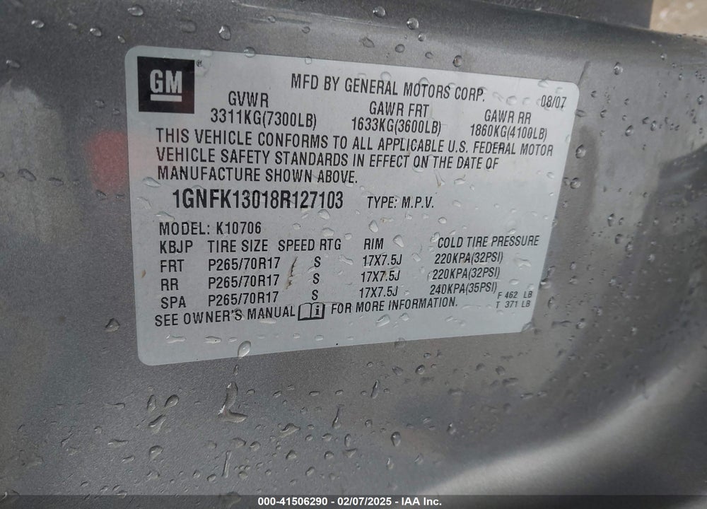 2008 CHEVROLET TAHOE LT VIN: 1GNFK13018R127103