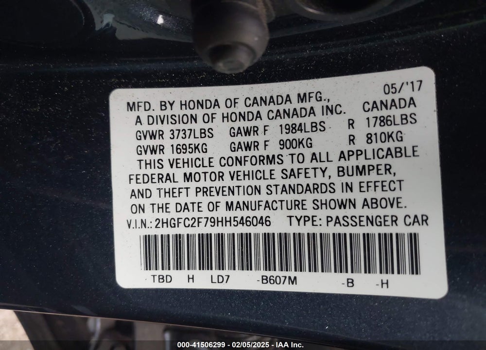 2017 HONDA CIVIC VIN: 2HGFC2F79HH546046