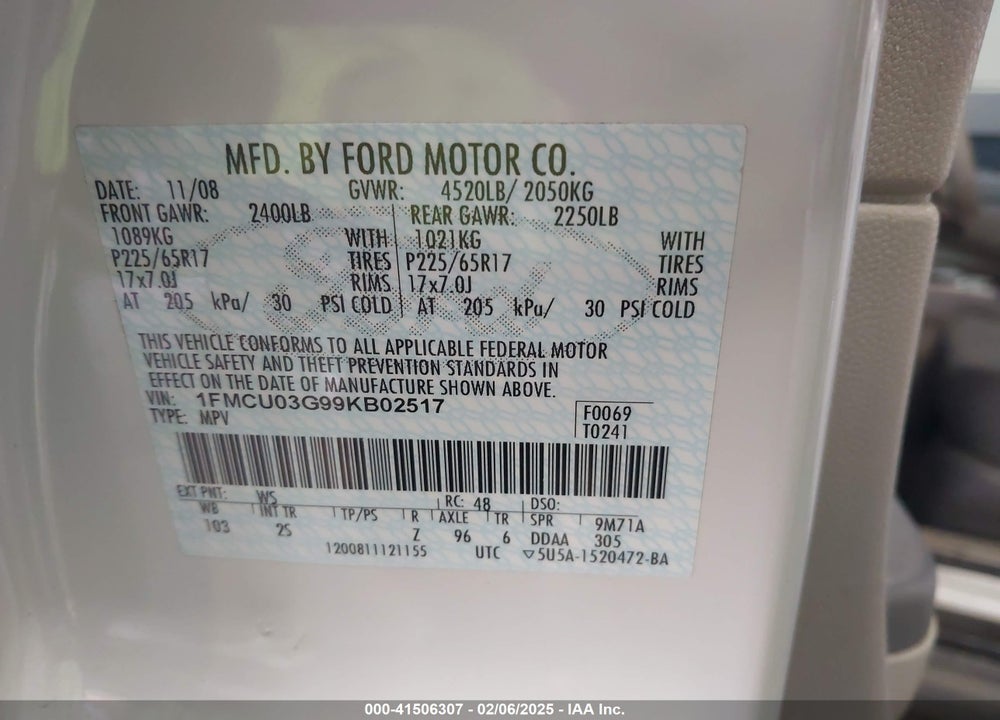 2009 FORD ESCAPE XLT VIN: 1FMCU03G99KB02517