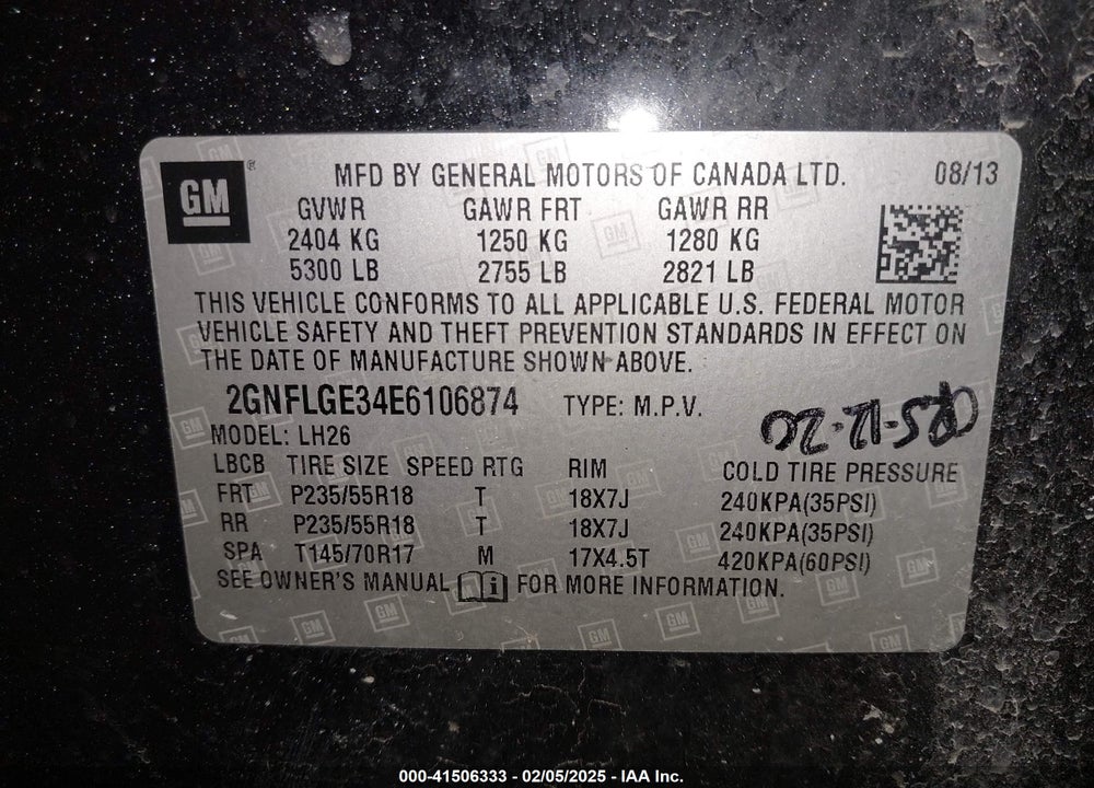 2014 CHEVROLET EQUINOX 2LT VIN: 2GNFLGE34E6106874