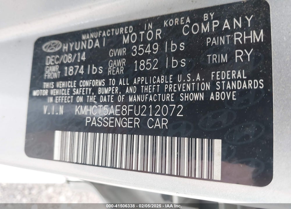 2015 HYUNDAI ACCENT VIN: KMHCT5AE8FU212072
