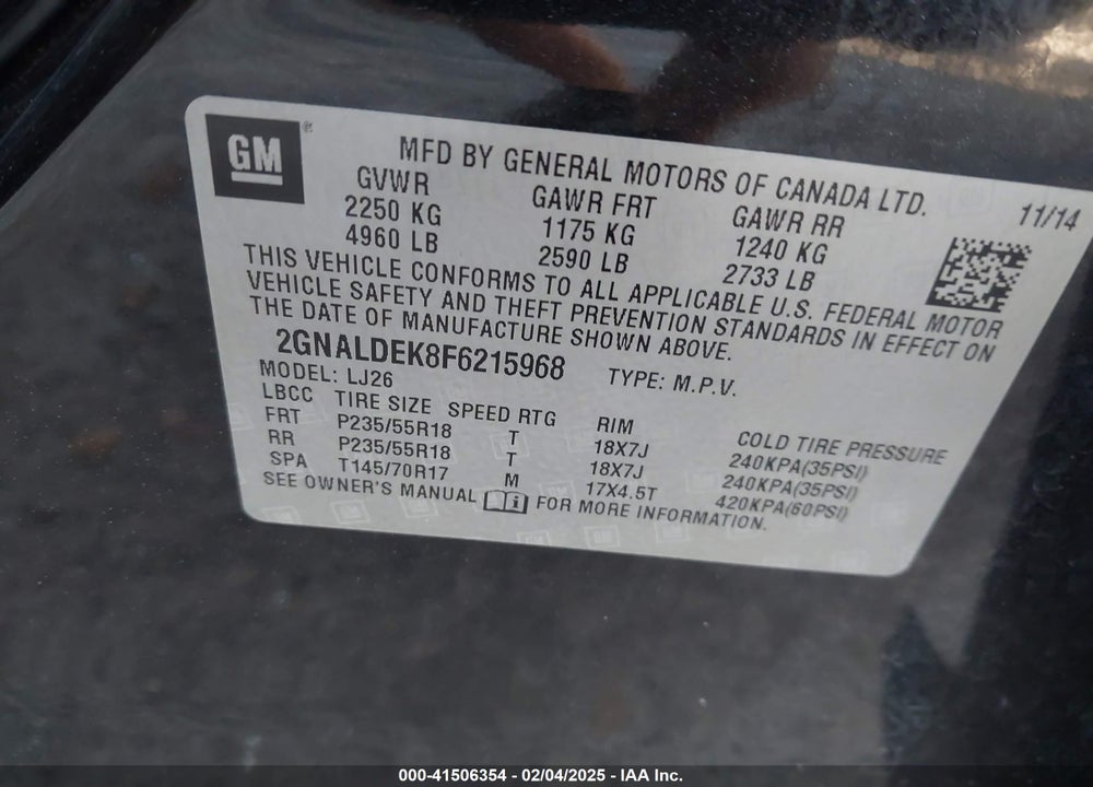 2015 CHEVROLET EQUINOX VIN: 2GNALDEK8F6215968