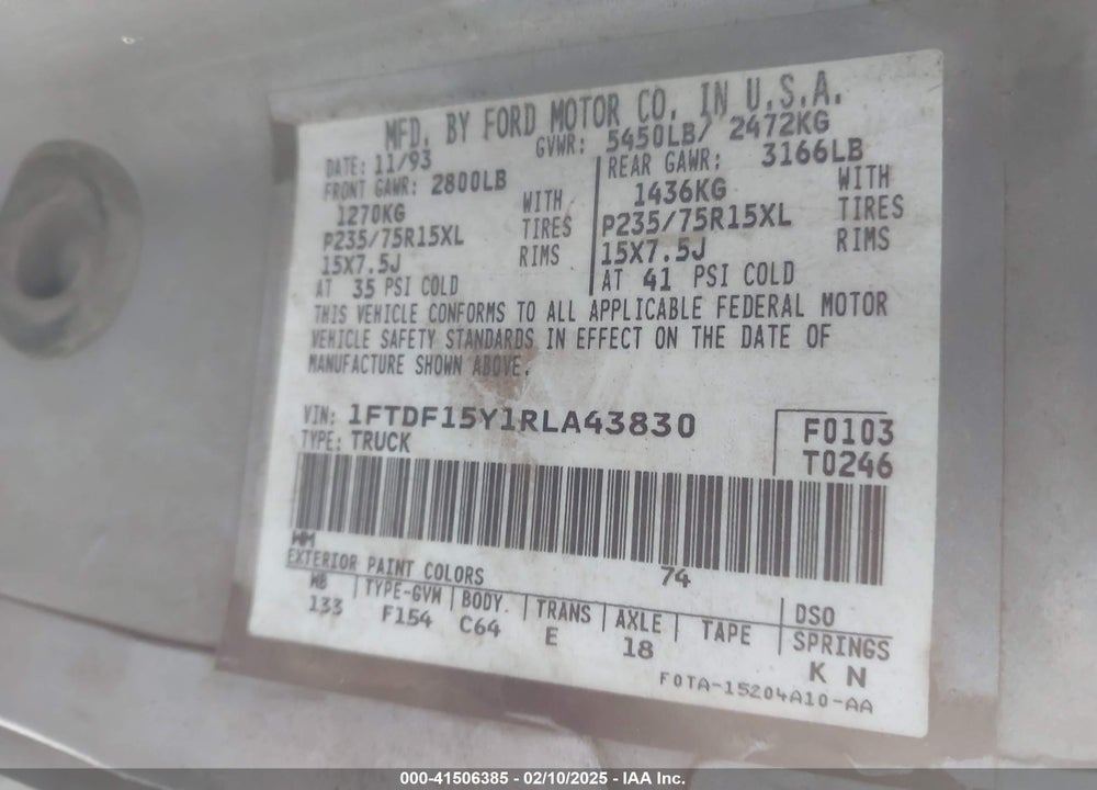 1994 FORD F150 VIN: 1FTDF15Y1RLA43830