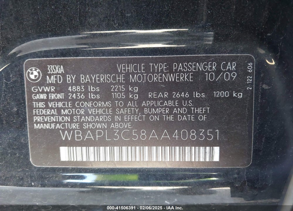 2010 BMW 335I XDRIVE VIN: WBAPL3C58AA408351