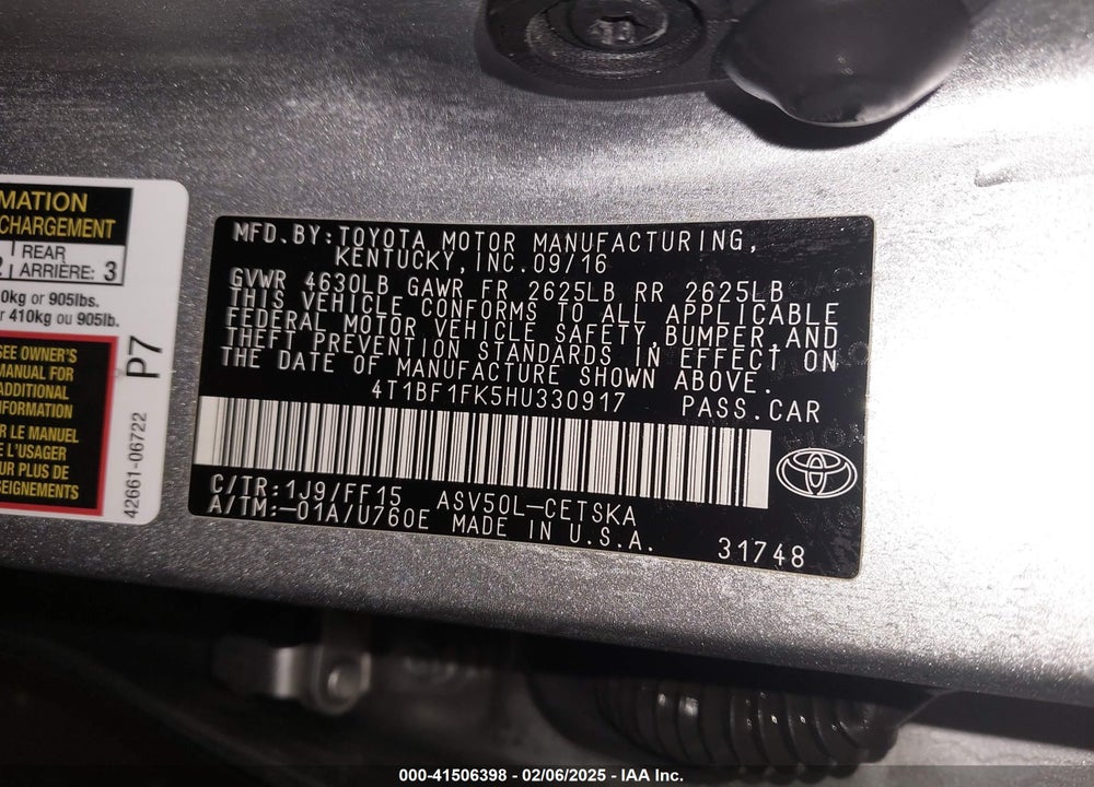 2017 TOYOTA CAMRY VIN: 4T1BF1FK5HU330917