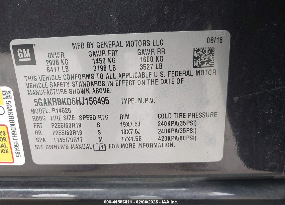 2017 BUICK ENCLAVE VIN: 5GAKRBKD6HJ156495