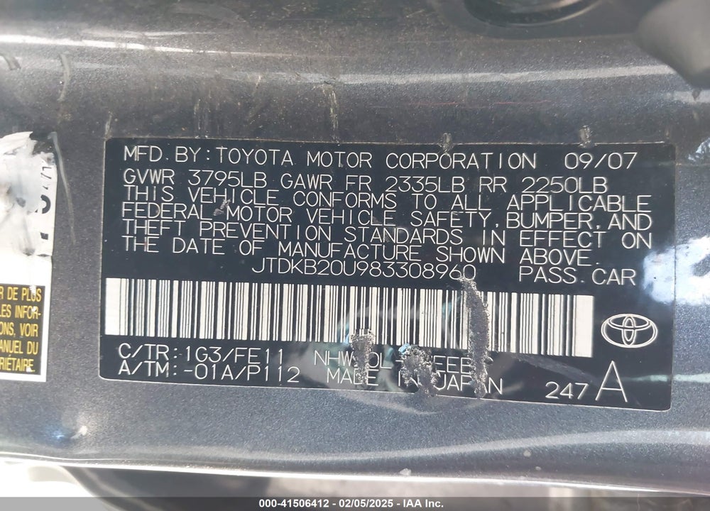 2008 TOYOTA PRIUS VIN: JTDKB20U983308960