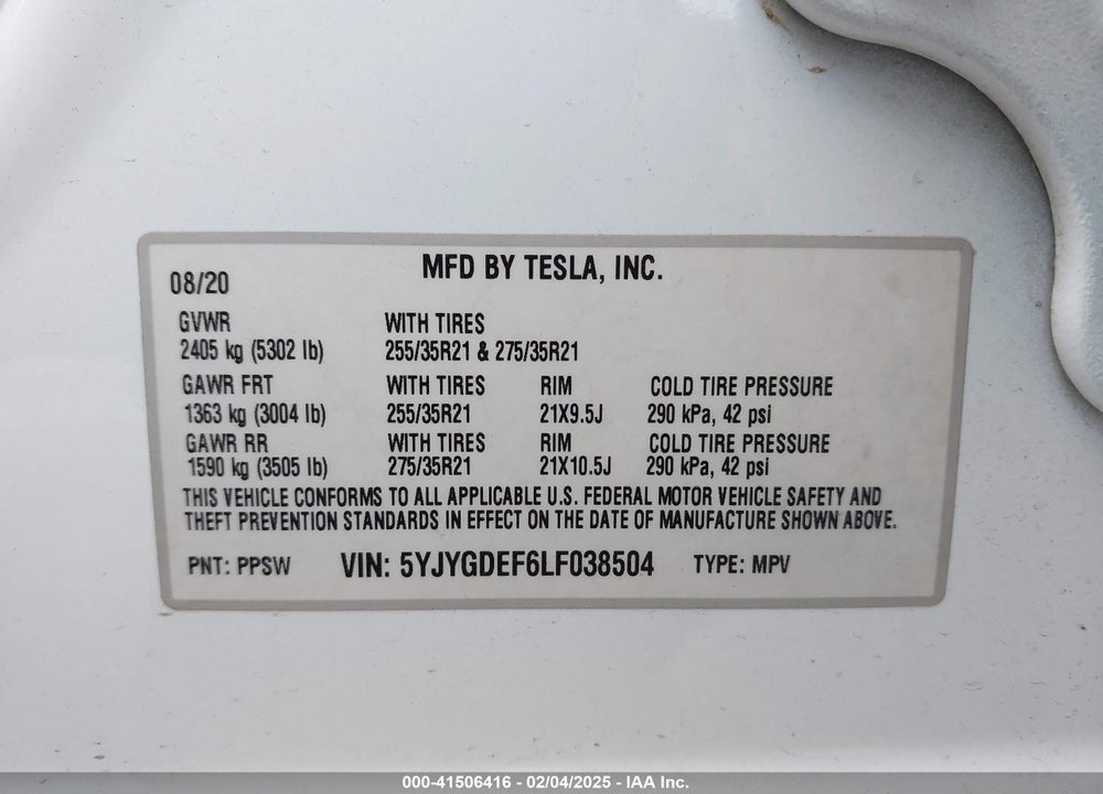 2020 TESLA MODEL Y LONG RANGE DUAL MOTOR ALL-WHEEL DRIVE/PERFORMANCE DUAL MOTOR ALL-WHEEL DRIVE VIN: 5YJYGDEF6LF038504