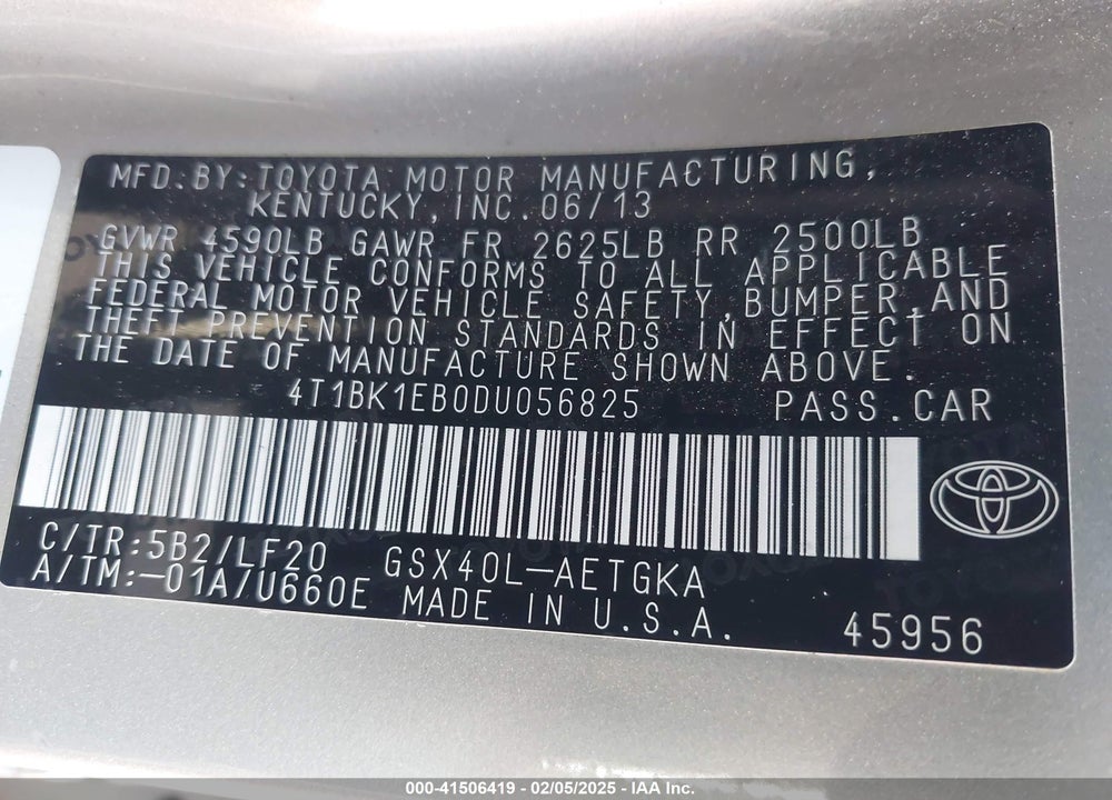 2013 TOYOTA AVALON XLE PREMIUM VIN: 4T1BK1EB0DU056825