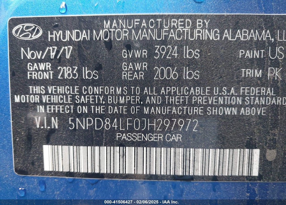 2018 HYUNDAI ELANTRA VIN: 5NPD84LF0JH297972